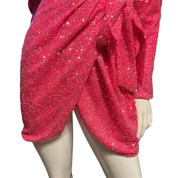 Judith March Hot Pink Sequin Wrap Mini Dress Long Sleeve Holiday Party Small - Picture 9 of 16